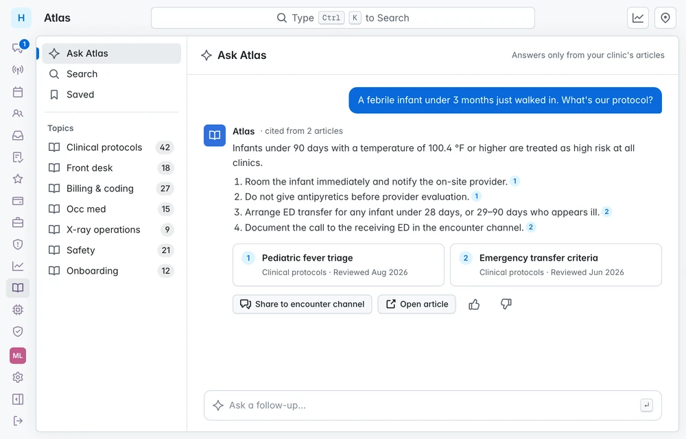 Ask Atlas answers a question about a febrile infant with four protocol steps, each citing one of two clinic articles.