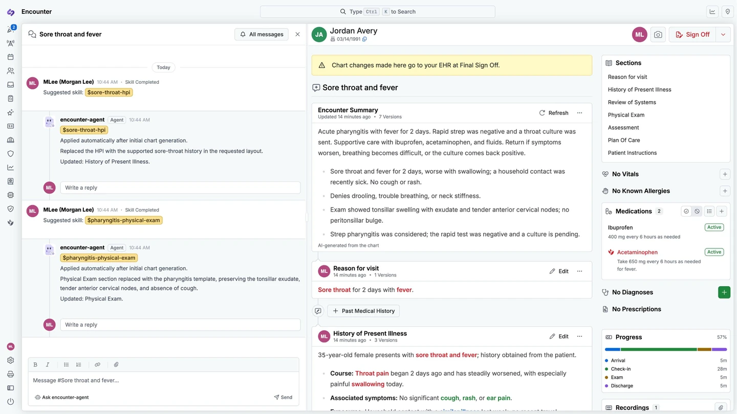 An encounter in Syntropic. In the encounter channel, Dr. Morgan Lee suggests two skills and the encounter agent applies each one, reporting which chart sections it updated. Next to it, the chart shows an AI-generated summary, the version history of every section, and a Sign Off button for the clinician.