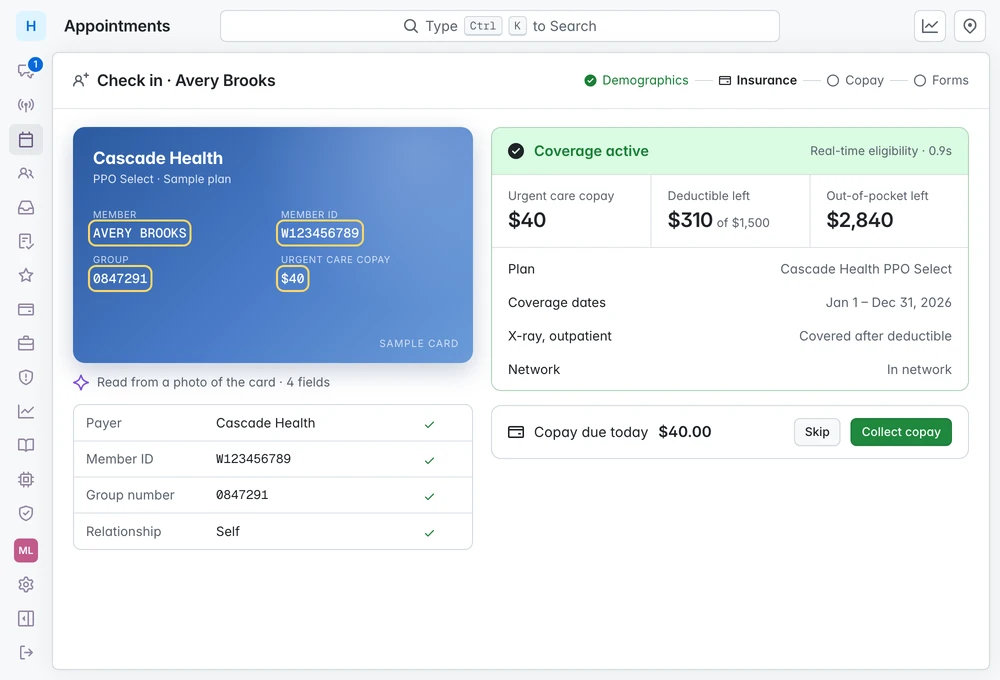 Check-in for a patient. Fields read from a sample insurance card sit beside a real-time eligibility result showing active coverage and a $40 copay.