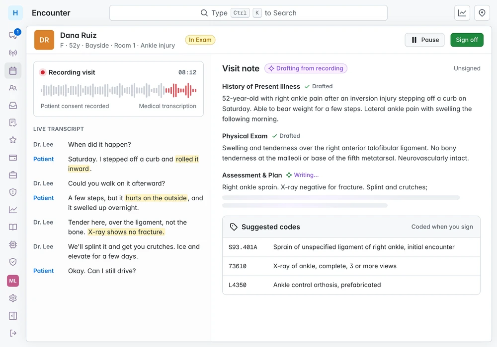 A visit recording with a live transcript next to a visit note being drafted from it, plus suggested diagnosis and procedure codes.